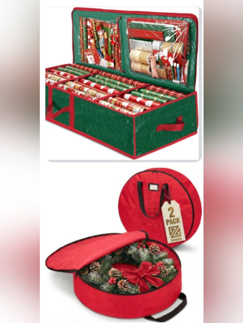 Holiday Storage Organizer Set - 2 Pack Wreath Storage & Gift Wrap Organizer NWT